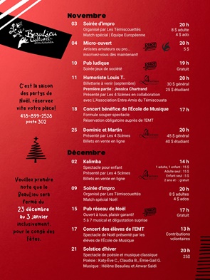 Programmation novembre-décembre au BeauLieu Culturel du Témiscouata